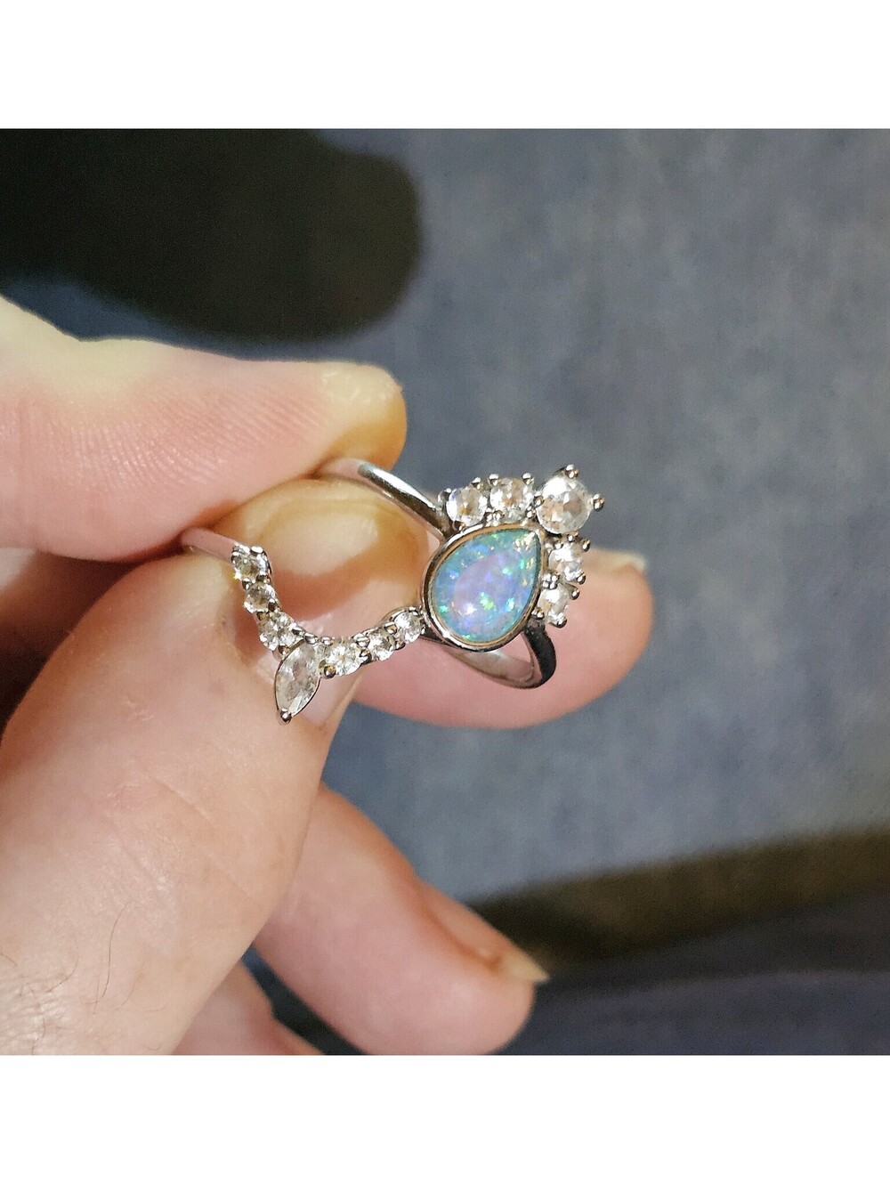 Lab Fire Opal Ring Set Bomb Party "Elegant Always" Size 8 Rhodium Silver Tone